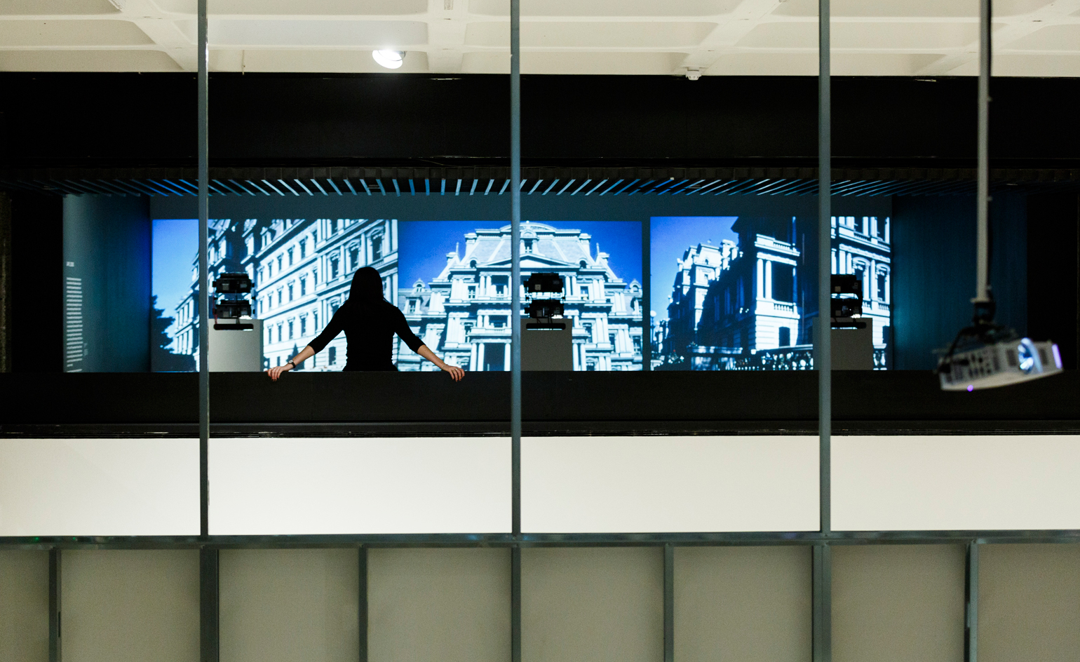 On the upper floor of the Barbican exhibition, frames from the designers' films and photographs are shown as tryptychs.