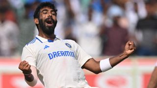  India bowler Jasprit Bumrah celebrates after taking the wicket of England batsman Ben Foakes ahead of the 5th Test Match India vs England