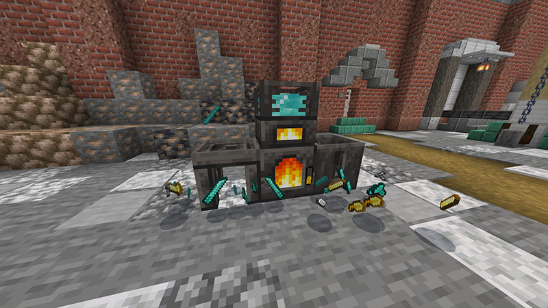 A smelting setup in Minecraft with items scattered on the floor.