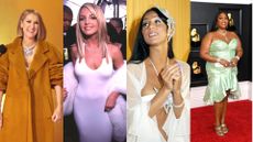 4 pictures of celebrities wearing jewellery at the Grammy Awards. L-R: Celine Dion, Britney Spears, Cher, Lizzo