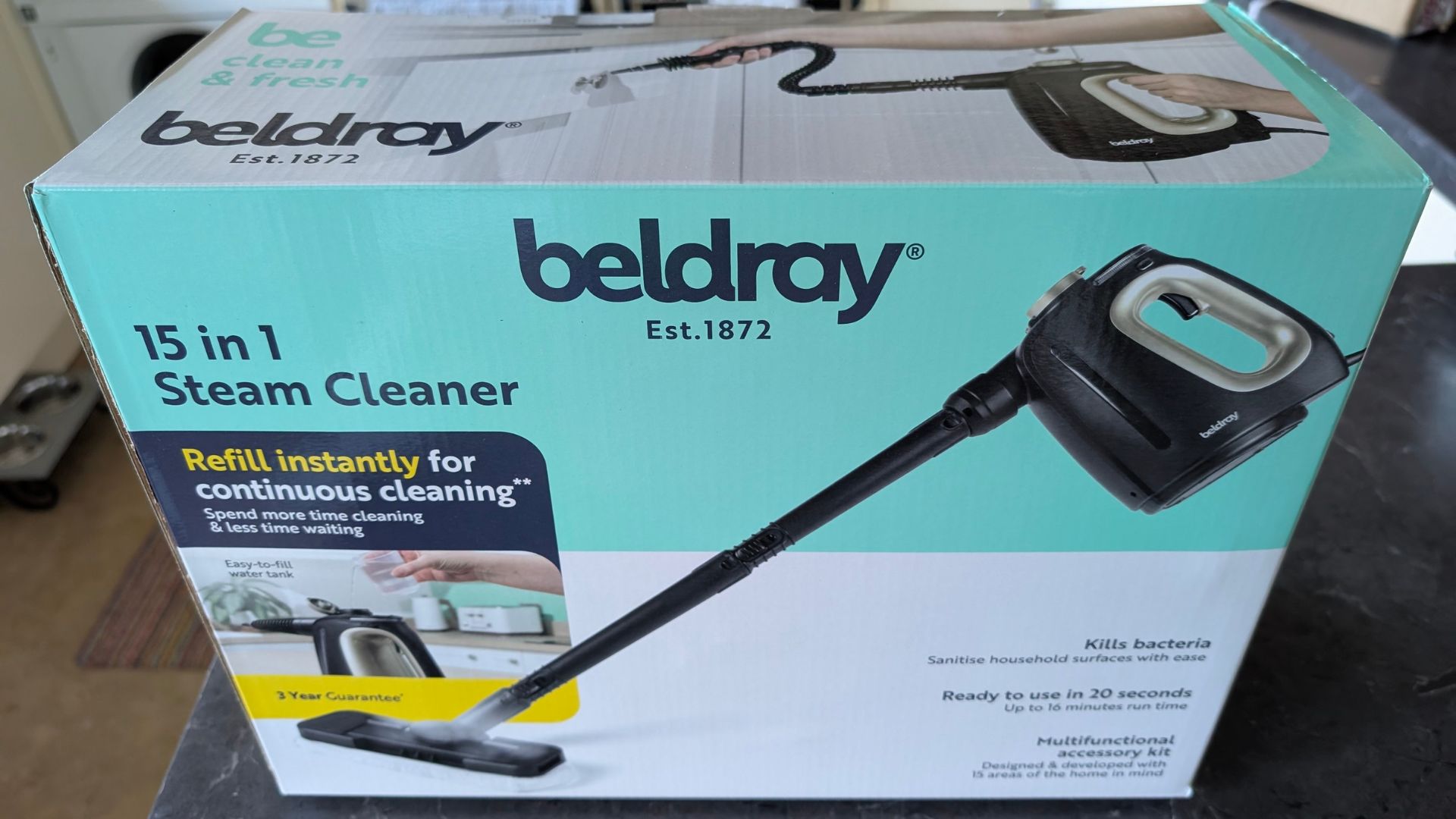 Testing the Beldray 15-in-1 Steam Cleaner, showing the box