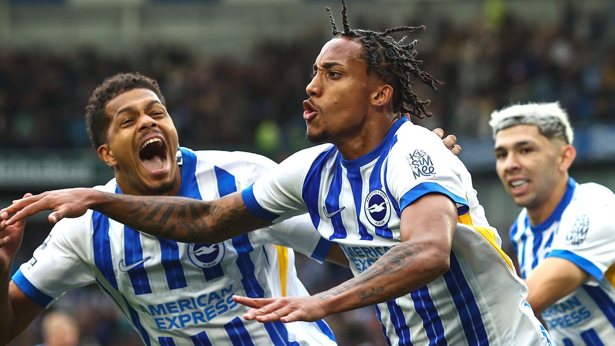 Joao Pedro of Brighton &amp; Hove Albion celebrates scoring the winning goal with Georginio Rutter ahead of the Brighton vs Wolves live stream