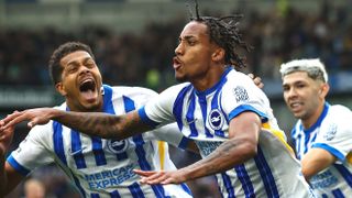 Joao Pedro of Brighton & Hove Albion celebrates scoring the winning goal with Georginio Rutter ahead of the Brighton vs Wolves live stream