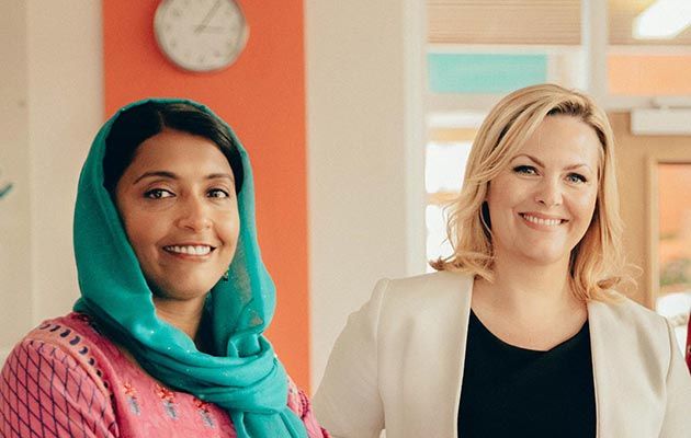 Kaneez (Sunetra Sarker) and Mandy (Jo Joyner) in Ackley Bridge