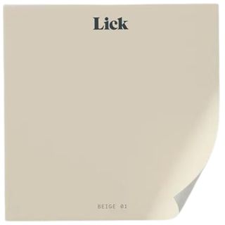 A beige 01 paint sample swatch from Lick- cozy light beige with warm white & yellow undertones