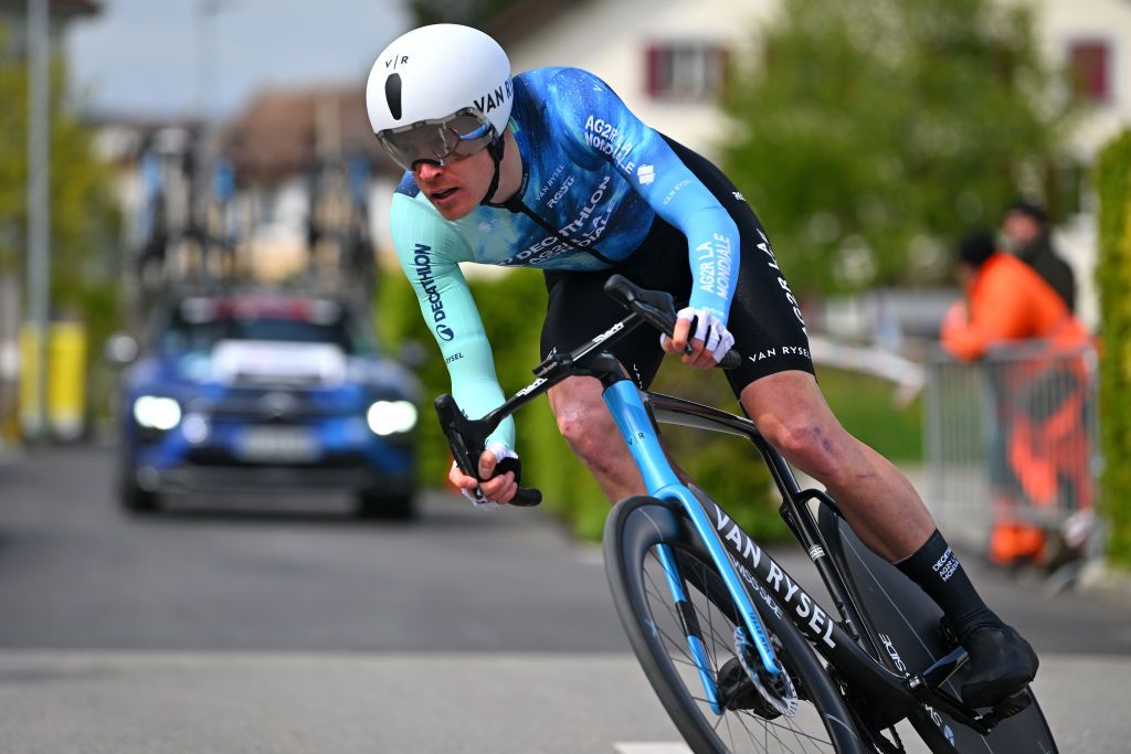 PAYERNE SWITZERLAND APRIL 23 Dorian Godon of France and Decathlon AG2R La Mondiale Team sprints during the 77th Tour De Romandie 2024 Prologue a 228km individual time trial stage from Payerne to Payerne UCIWT on April 23 2024 in Payerne Switzerland Photo by Luc ClaessenGetty Images