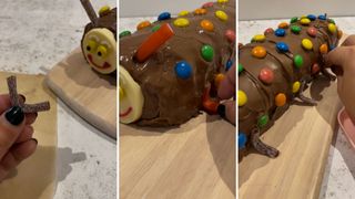 how to make a caterpillar cake: step six adding the legs and leaving the cake to set