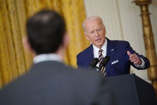 President Joe Biden answers a reporter's question at his January 19, 2022, news conference