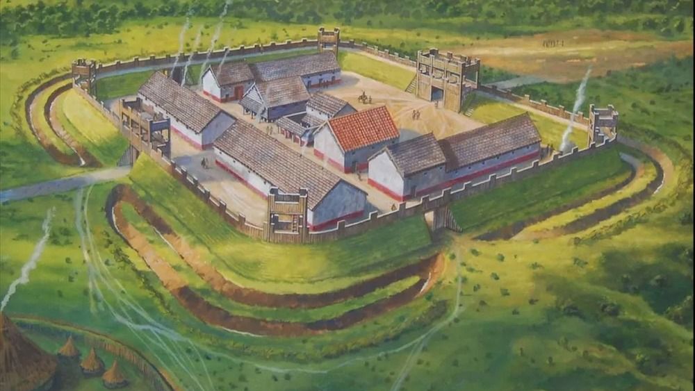 An artist&#039;s illustration of a Roman fort