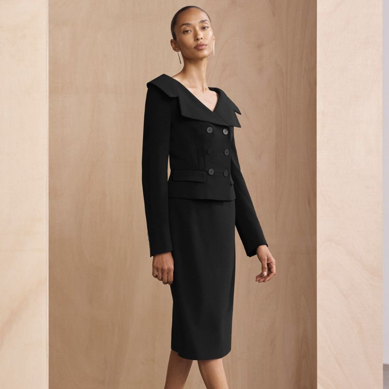 Clever Crepe Hamilton Jacket and Syros Pencil Skirt on model 