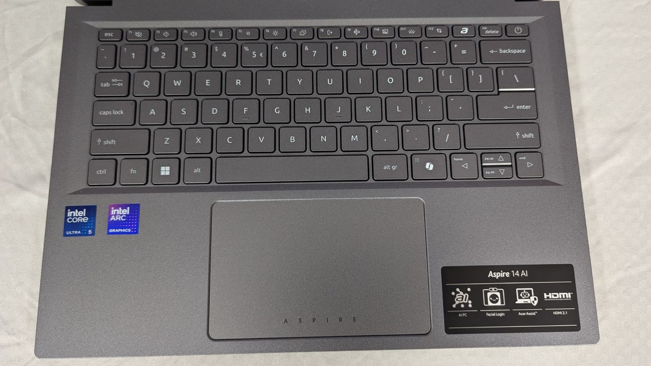Top-down shot of the Acer Aspire 14 AI's keyboard against a white background.