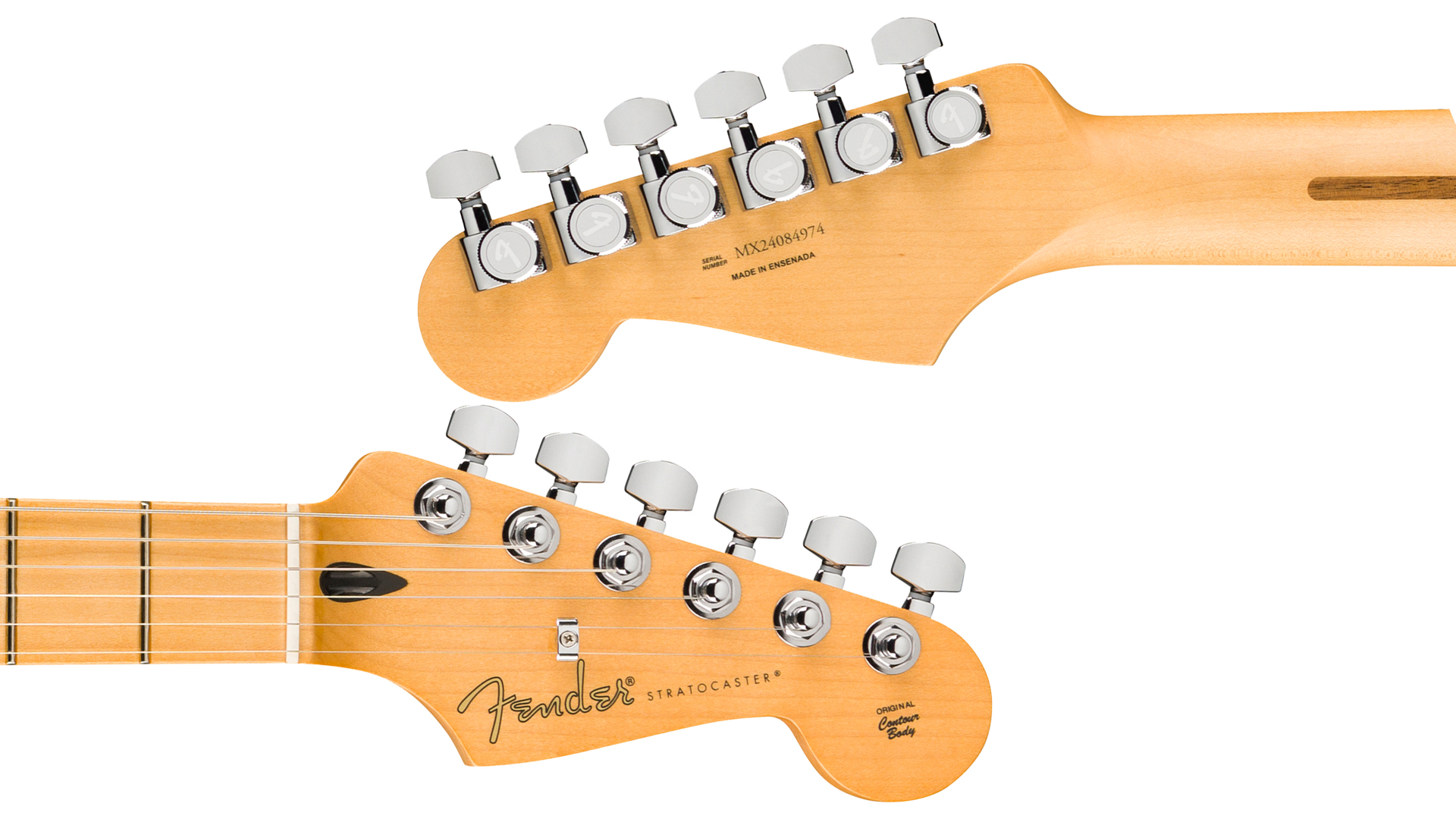 A composite photo showing the front and back of the headstock of a Fender Player II Modified Stratocaster