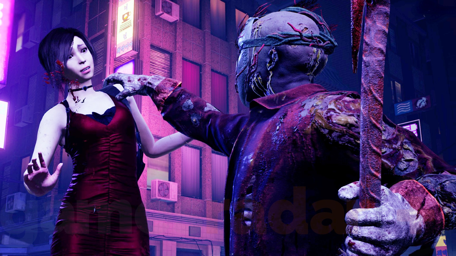 Jason Vorhees holds Ada Wong in the air before killing her in Dead by Daylight.