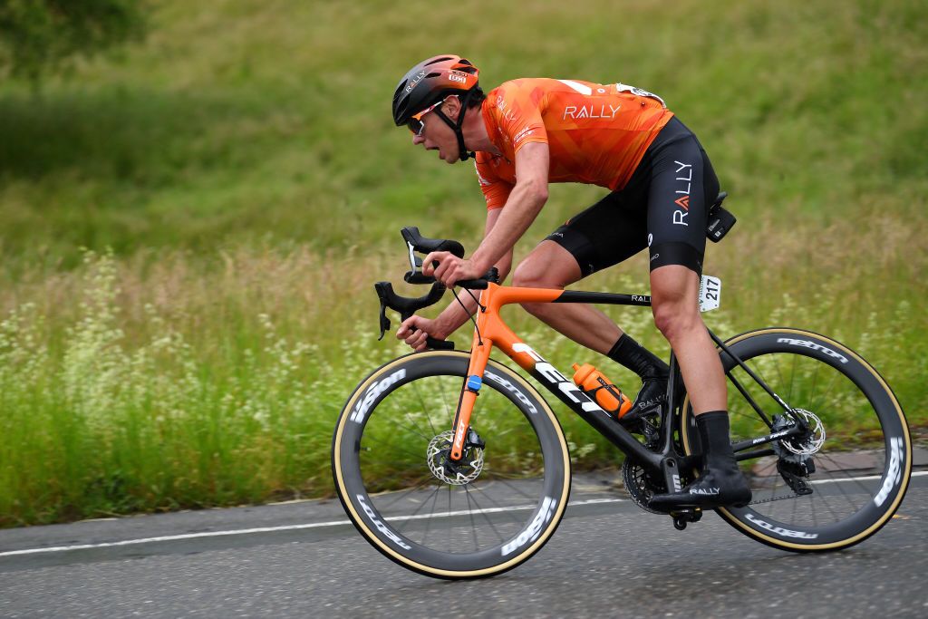 LACHEN SWITZERLAND JUNE 07 Matteo DalCin of Canada and Team Rally Cycling in the chase group during the 84th Tour de Suisse 2021 Stage 2 a 178km stage from Neuhausen am Rheinfall to Lachen UCIworldtour tds tourdesuisse on June 07 2021 in Lachen Switzerland Photo by Tim de WaeleGetty Images