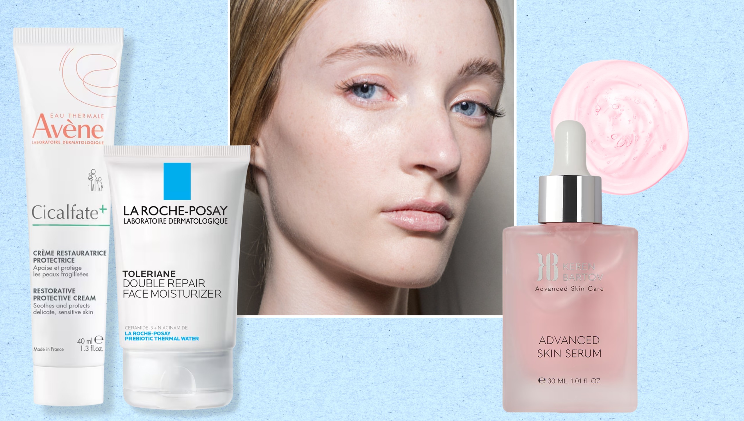 a handful of skincare products edited next to a model with clear skin