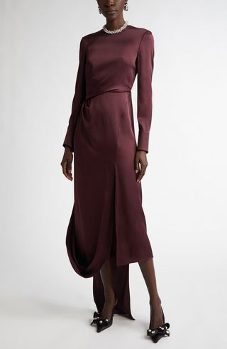 Scarf Draped Long Sleeve Satin Cady Cocktail Dress