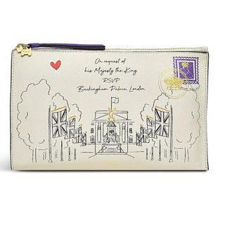 A Radley clutch bag with illustrations of the coronation on the front