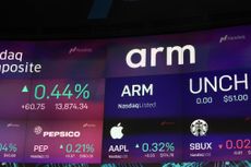 Arm stock displayed on a screen at the Nasdaq MarketSite in New York City