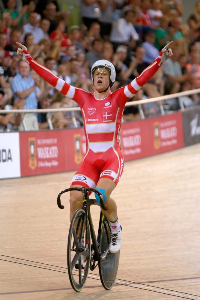Lasse Norman Hansen of Denmark celebrates winning the omnium