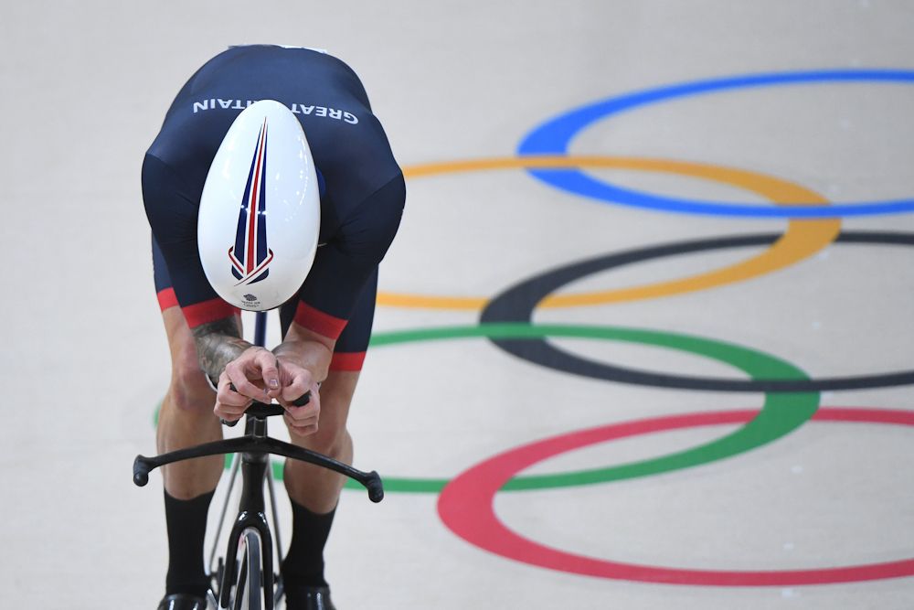 Bradley Wiggins on the Rio Olympics track after winning the team pursuit gold.