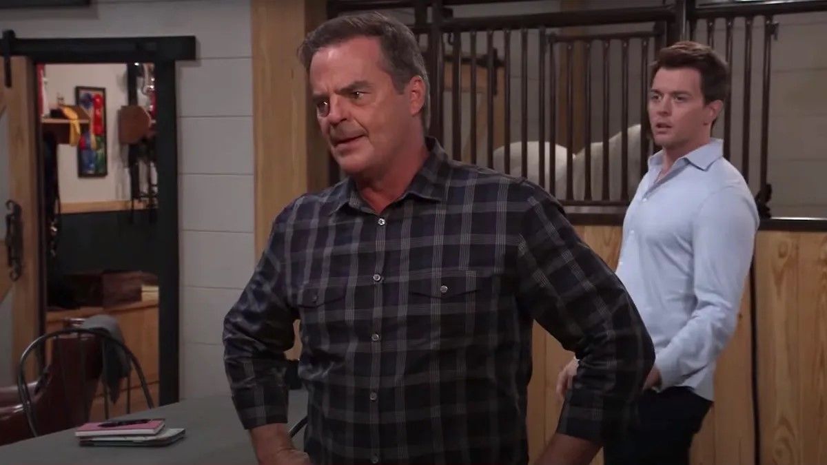 Wally Kurth and Chad Duell as Ned and Michael in a horse stable in General Hospital