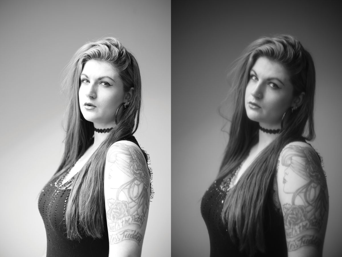 When we use dark tights, we have to push the flash power up to 1/8 as they soak up so much light. On the left you can see how overexposed the image is with no netting, but on the right you can see how the dark tights diffuse the highlights to create a much more contrasty look than the light tights.