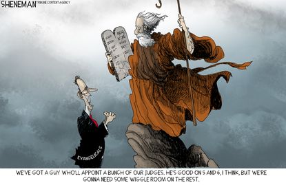 Political cartoon U.S. evangelicals ten commandments Moses Trump