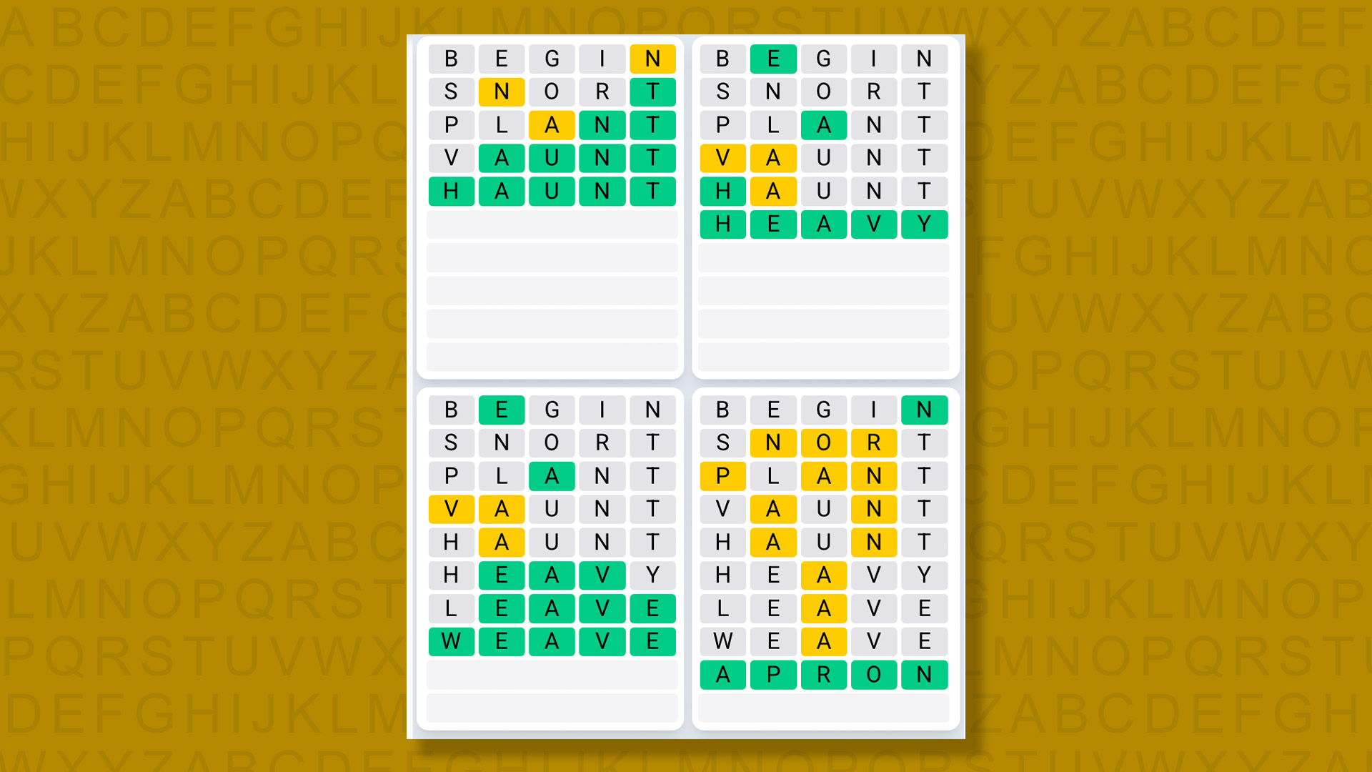 Quordle Daily Sequence answers for game 1460 on a yellow background
