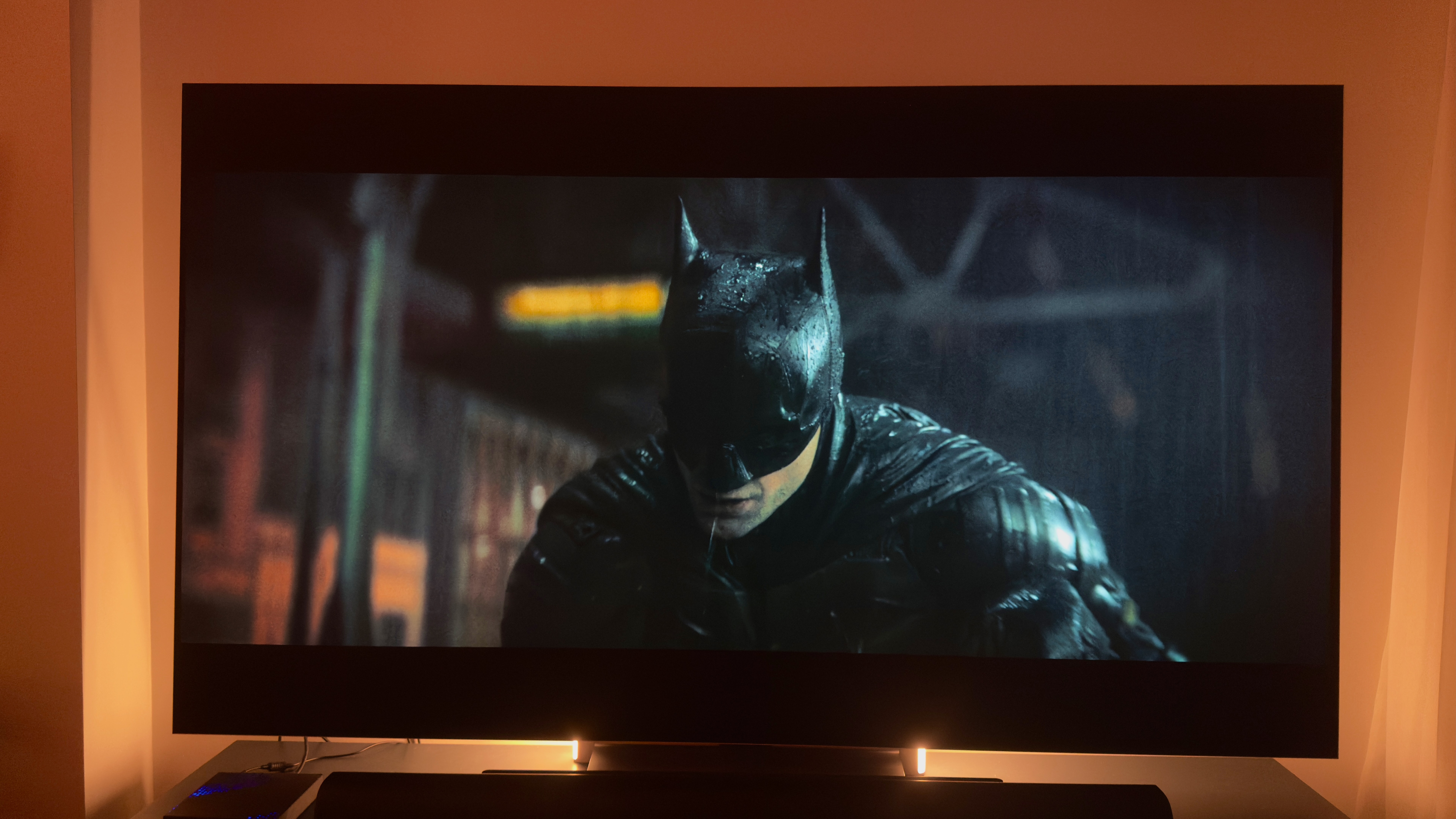 A scene from The Batman played back via the Kaleidescape Strato E movie player