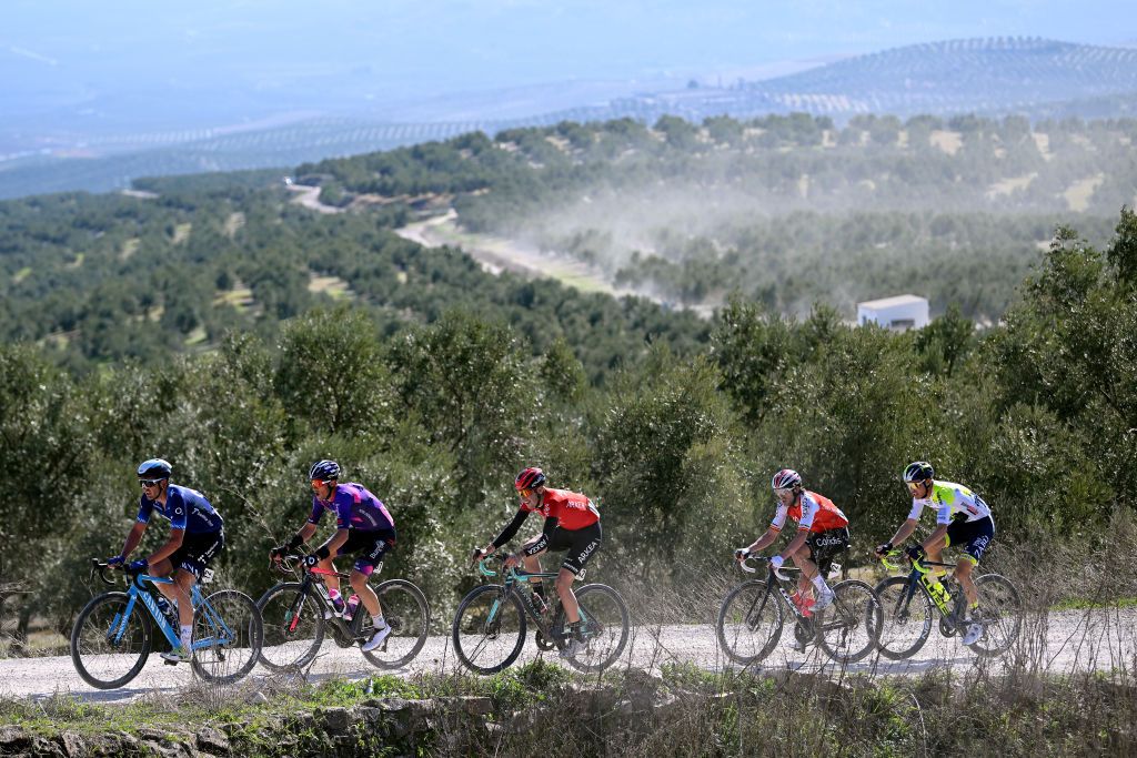 BAEZA SPAIN FEBRUARY 13 General view of Gorka Izaguirre of Spain and Movistar Team Jose Manuel Diaz Gallego of Spain and Team BurgosBH Clement Champoussin of France and Team Arka Samsic Jon Izaguirre of Spain and Team Cofidis and Loic Vliegen of Belgium and Team IntermarcheCircusWanty as it passes through a landscape of olive groves during the 2nd Clasica Jaen Paraiso Interior 2023 a 1789km one day race from beda to Baeza 752m ClsicaJan23 on February 13 2023 in Baeza Spain Photo by Dario BelingheriGetty Images