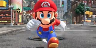 Mario sprints forward in Super Mario Odyssey.