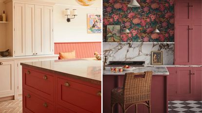 Two kitchen with red cabinets