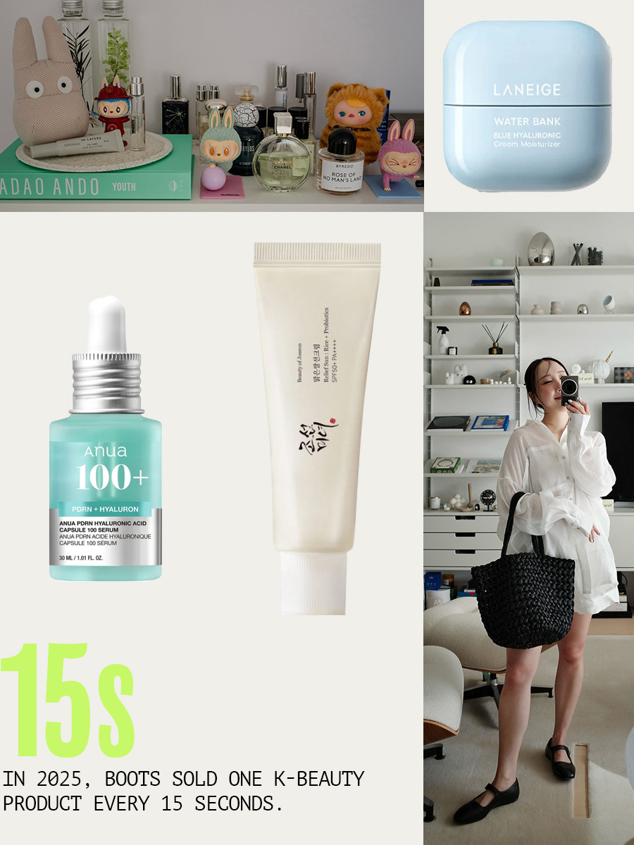 A collage of lifestyle and product cut-out imagery of bestselling Korean beauty products alongside a quote from Boots on the sales of Korean beauty products in 2025