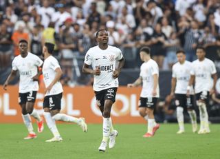 Caca celebrates after scoring for Corinthians against Fluminense in April 2024.