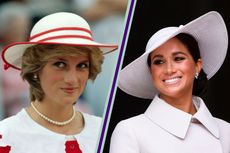 Meghan Markle Princess Diana - Princess Diana pictured wearing a red and white hat alongside a picture of Meghan Markle, smiling and wearing a white dress coat and matching hat
