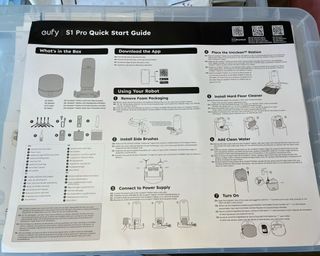 eufy Pro S1 quick start guide which is alarge white sheet in A3 size, with black text and graphics in easy to understand nine-part instructions