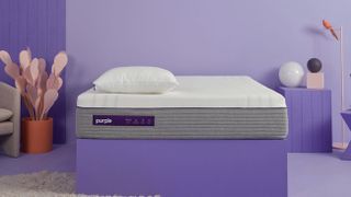 Purple vs Nectar: the Purple Hybrid mattress photographed against a purple wall