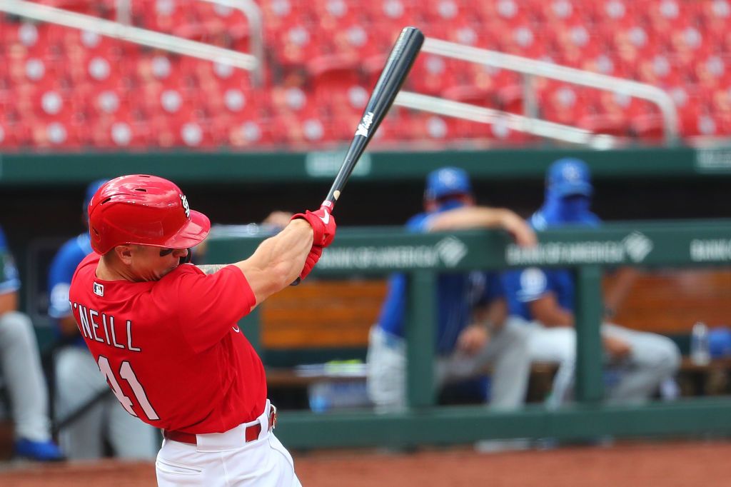 Tyler O&amp;#039;Neill #41 of the St. Louis Cardinals hits a two-RBI double against the Kansas City Royals in the second inning at Busch Stadium on July 22, 2020 in St Louis, Missouri.