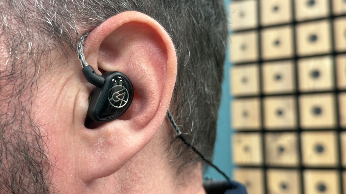 Close up of a 64 Audio Aspire 4 in-ear in this reviewer&#039;s ear