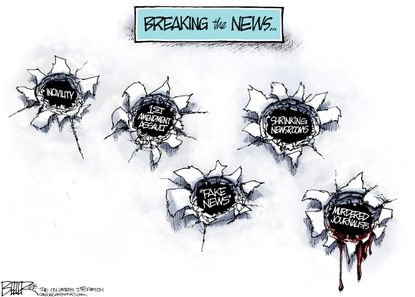 Editorial cartoon U.S. Capital Gazette newsroom shooting violence first amendment incivility fake news journalism