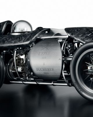 Detail of racing car kinetic sculpture by Bucherer Exclusives and L’Epée 1839