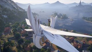 The screenshot shows the player standing on a flying paper crane in Infinity Nikki