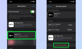 The subscriptions window of Apple TV app and editing subscription window for Apple TV Plus