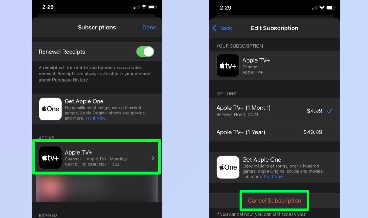 Apple TV app subscriptions window and Apple TV Plus subscription edit window
