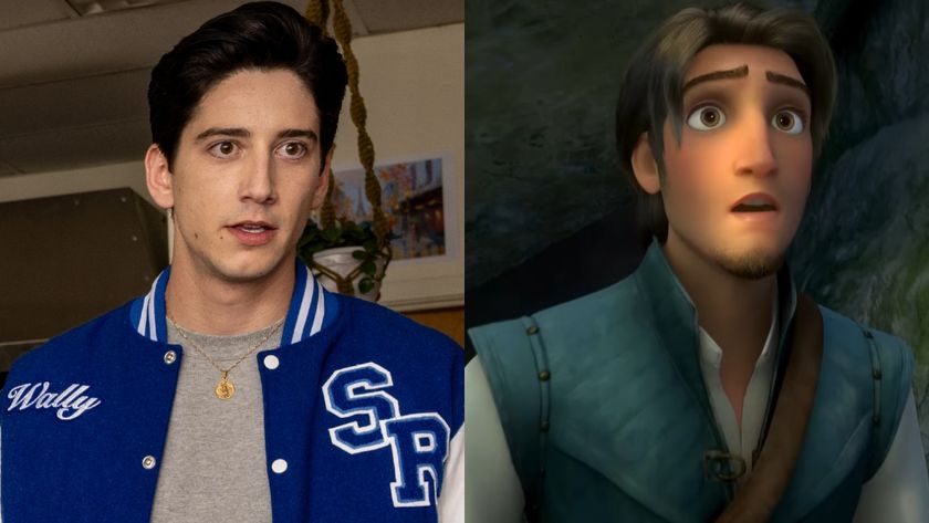 From left to right: Milo Manheim as Wally in School Spirits and Flynn Rider in Tangled. 