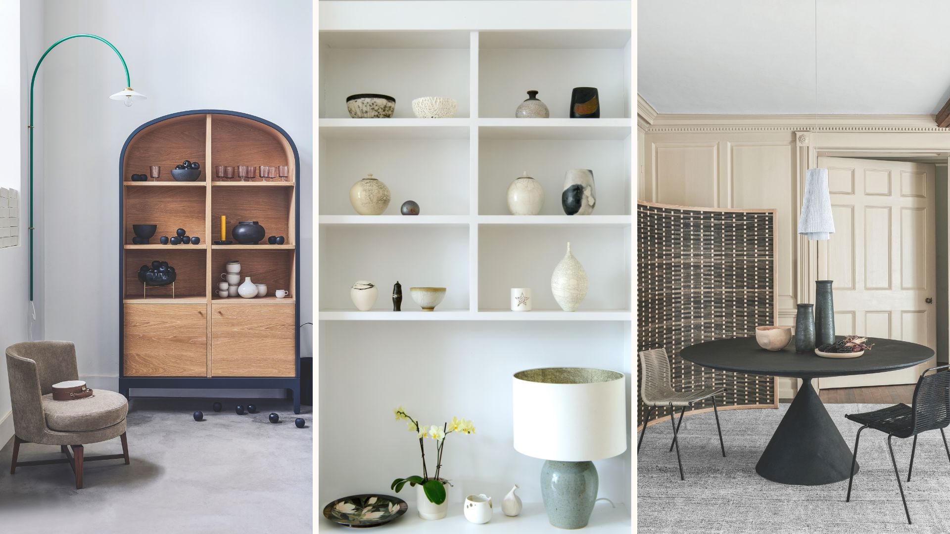 Collage of three interior images that round rounded furniture and accessories
