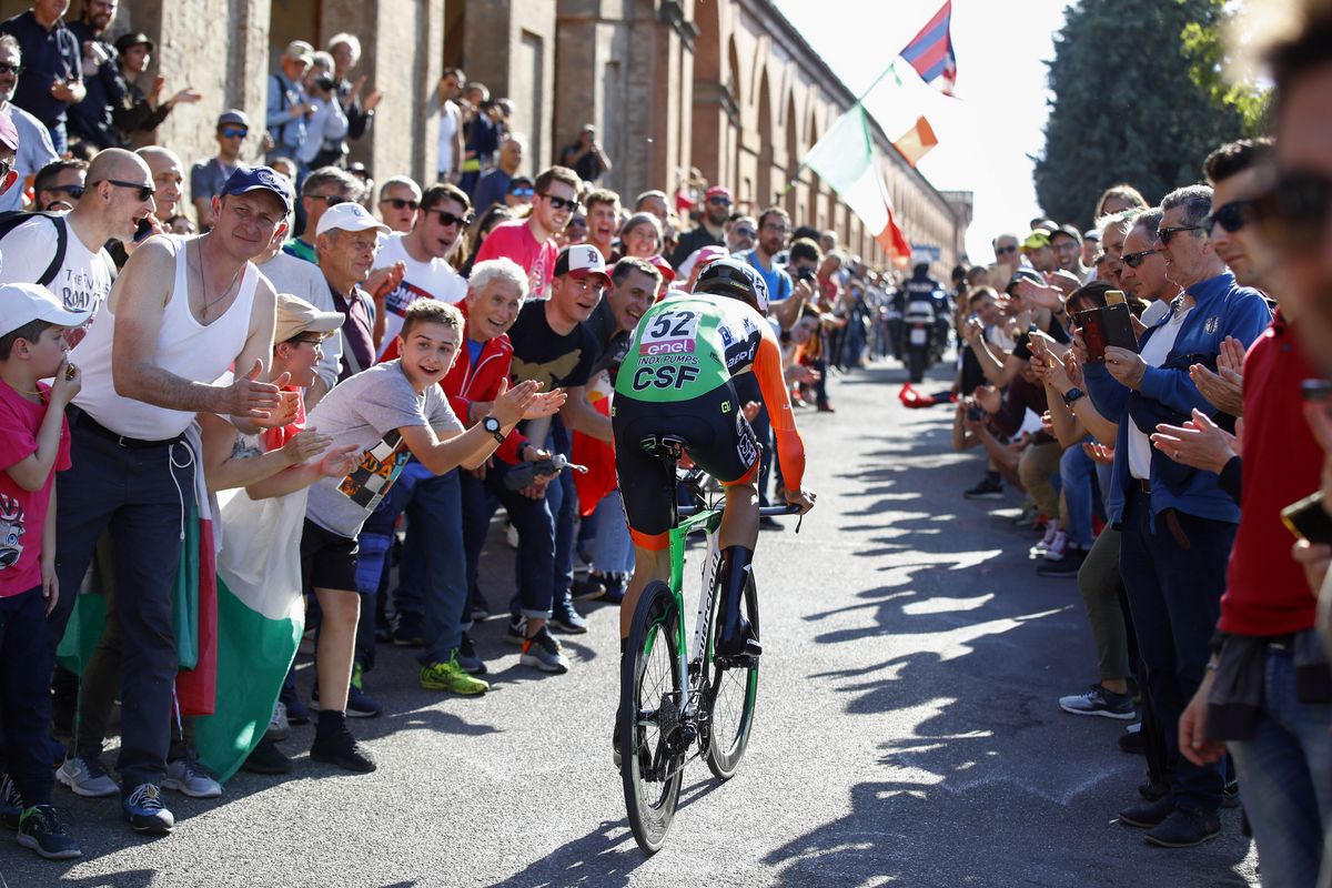 Giovanni Carboni (Bardiani-CSF) rides through the crowds on the climb