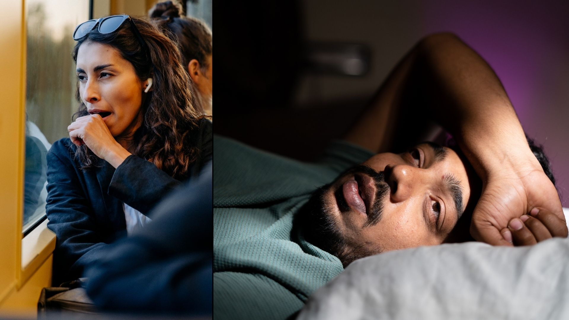The composite image shows a dark haired woman wearing earbuds yawning out of the window as she sits on a tram on the left, and a dark haired man looking into the distance while lying in bed on the right