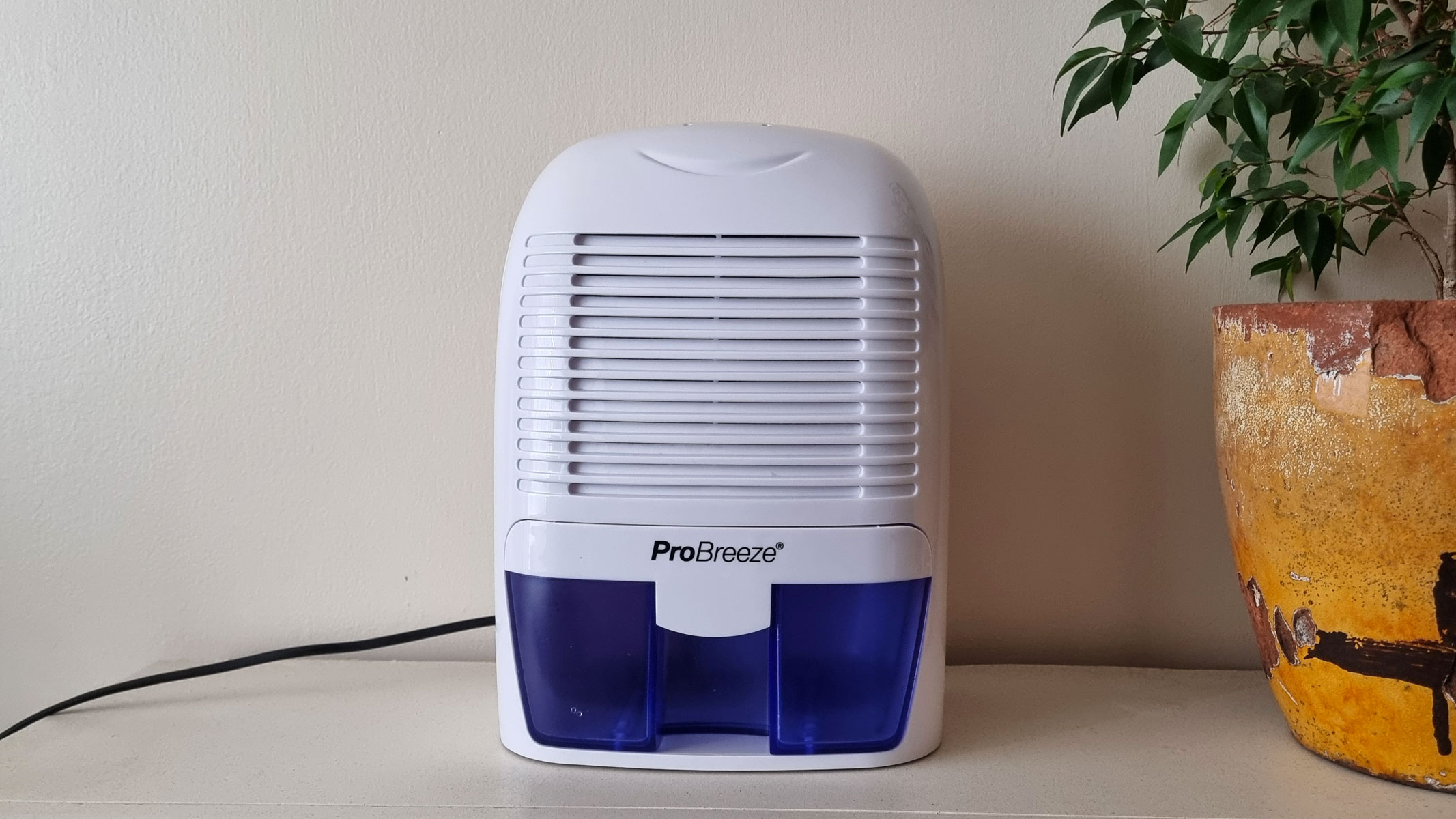 Front view of the ProBreeze Mini Dehumidifier against a wall backdrop.