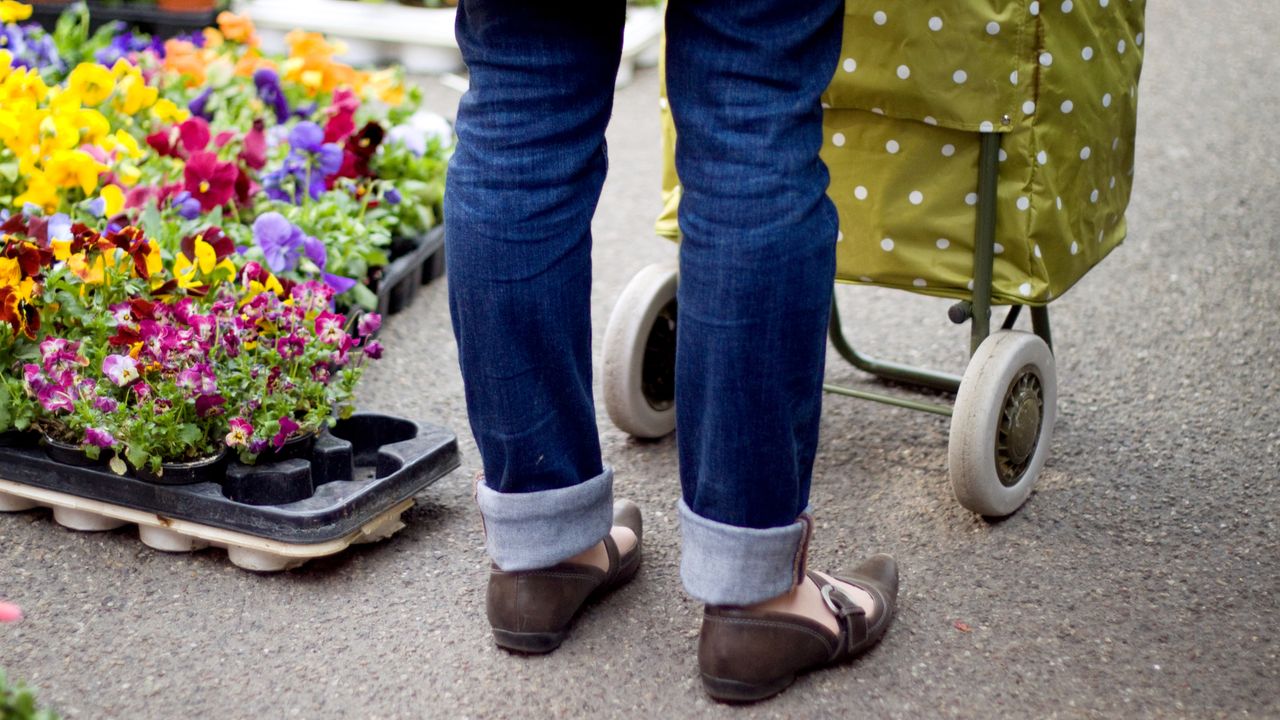 Close-up of woman standing by green spotted shopping trolley, beside plants